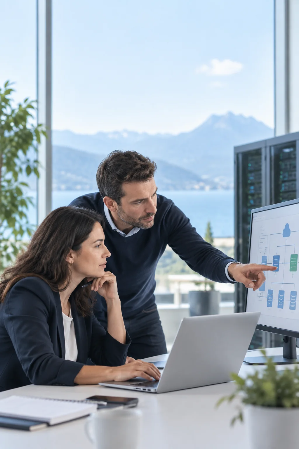 Deux spécialistes analysent ensemble une architecture informatique